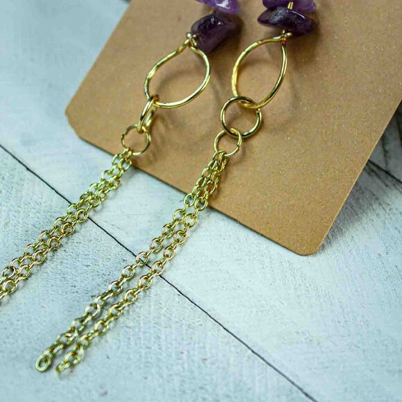 Amethyst Chip Earrings with 14k Gold Dangle Chain and Gold Hoop Drop - Picture 4 of 15